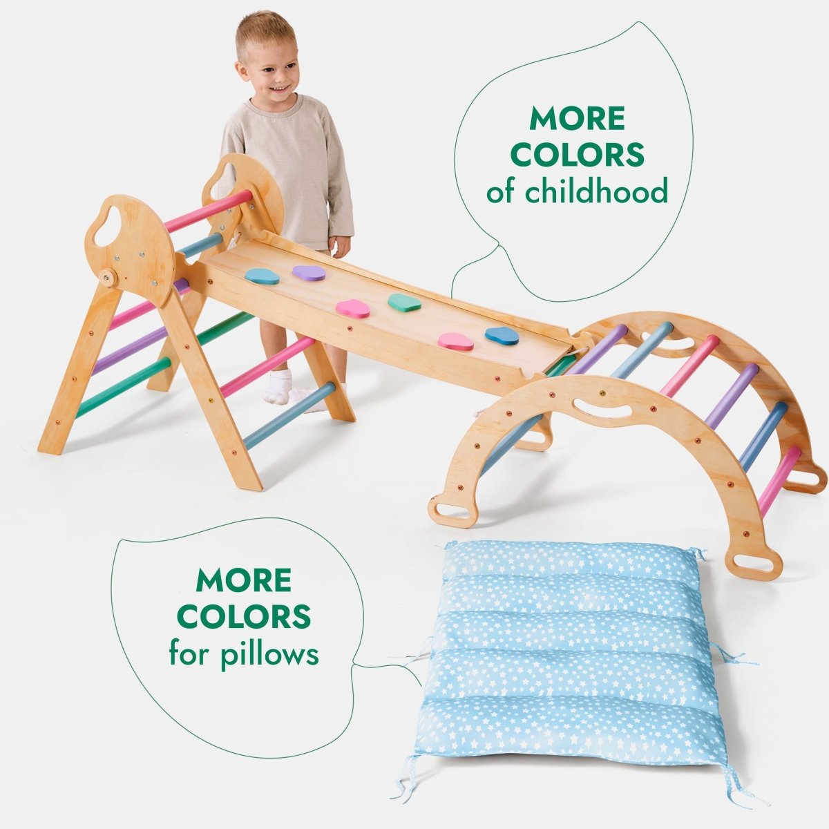 4in1 Montessori Climbing Set: Pikler Triangle, Arch, Slide Board, and Cushion for Toddlers (1–3 Years) - Pastel