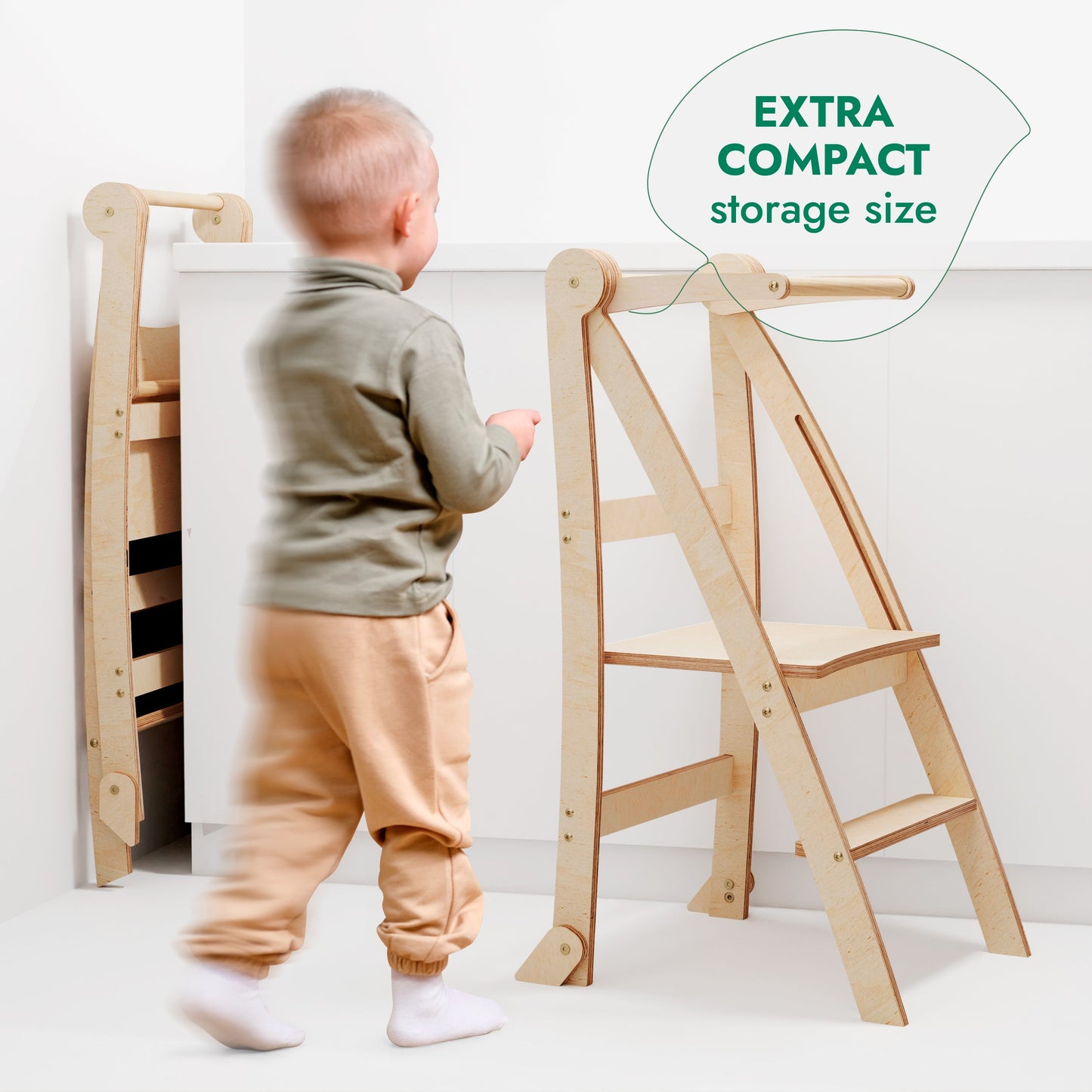 Folding Growing Chair – Montessori Step Stool with Safety Rails for Toddlers – Beige