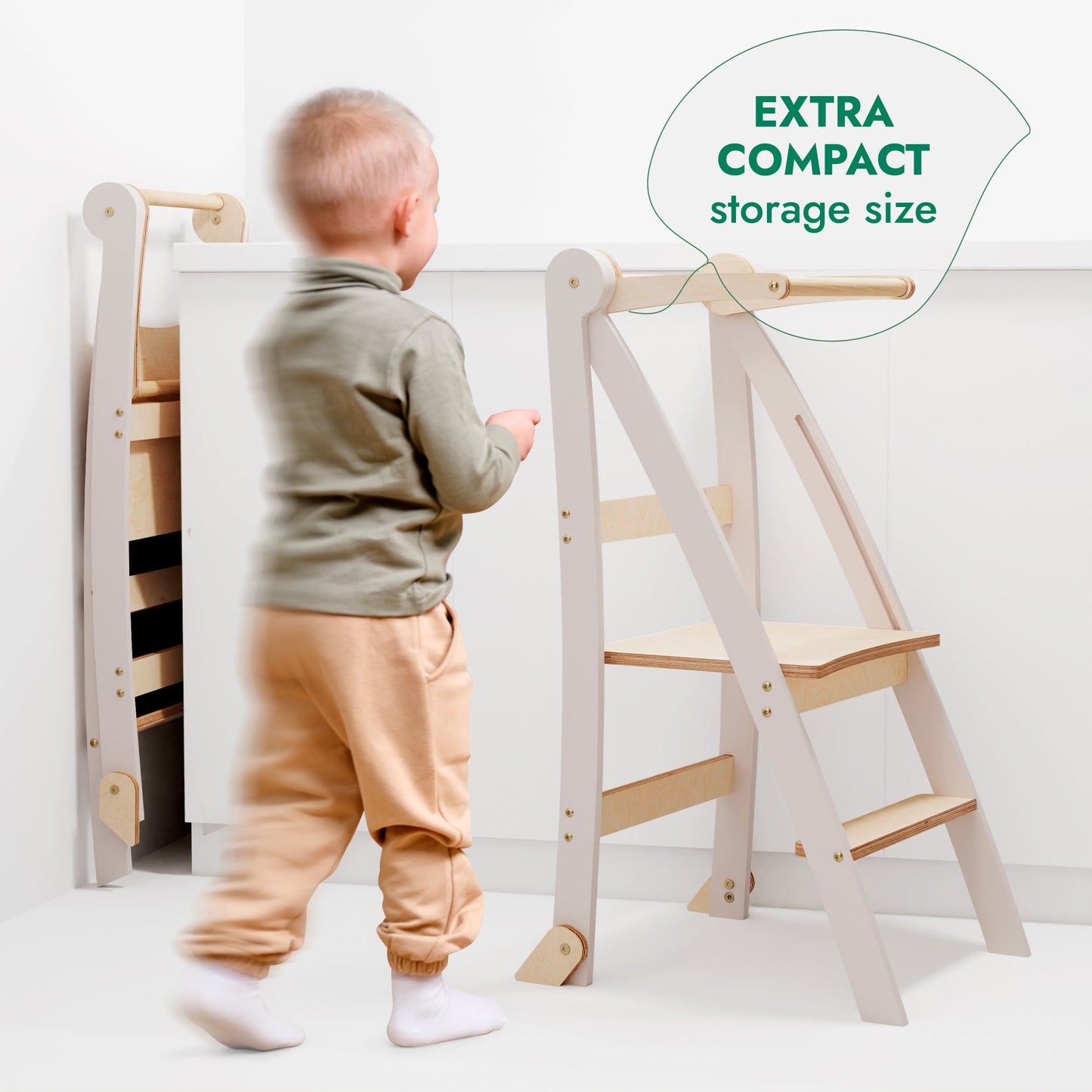 Folding Growing Chair– Montessori Step Stool with Safety Rails for Toddlers – White