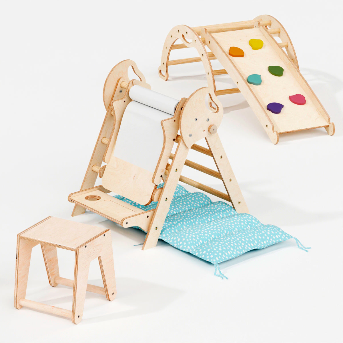 5in1 Montessori Climbing Frame: Pikler Triangle + Arch + Slide Board + Art Addition + Cushion for Toddlers (1–3 Years)