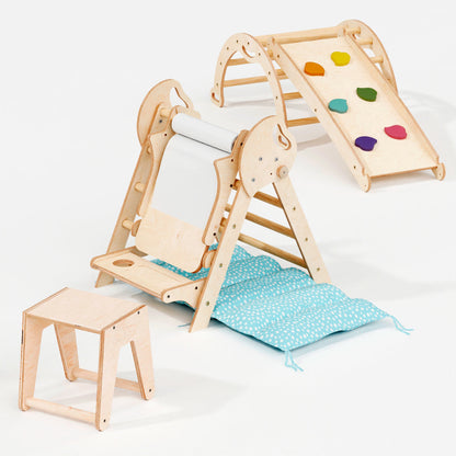 5in1 Montessori Climbing Frame: Pikler Triangle + Arch + Slide Board + Art Addition + Cushion for Toddlers (1–3 Years)