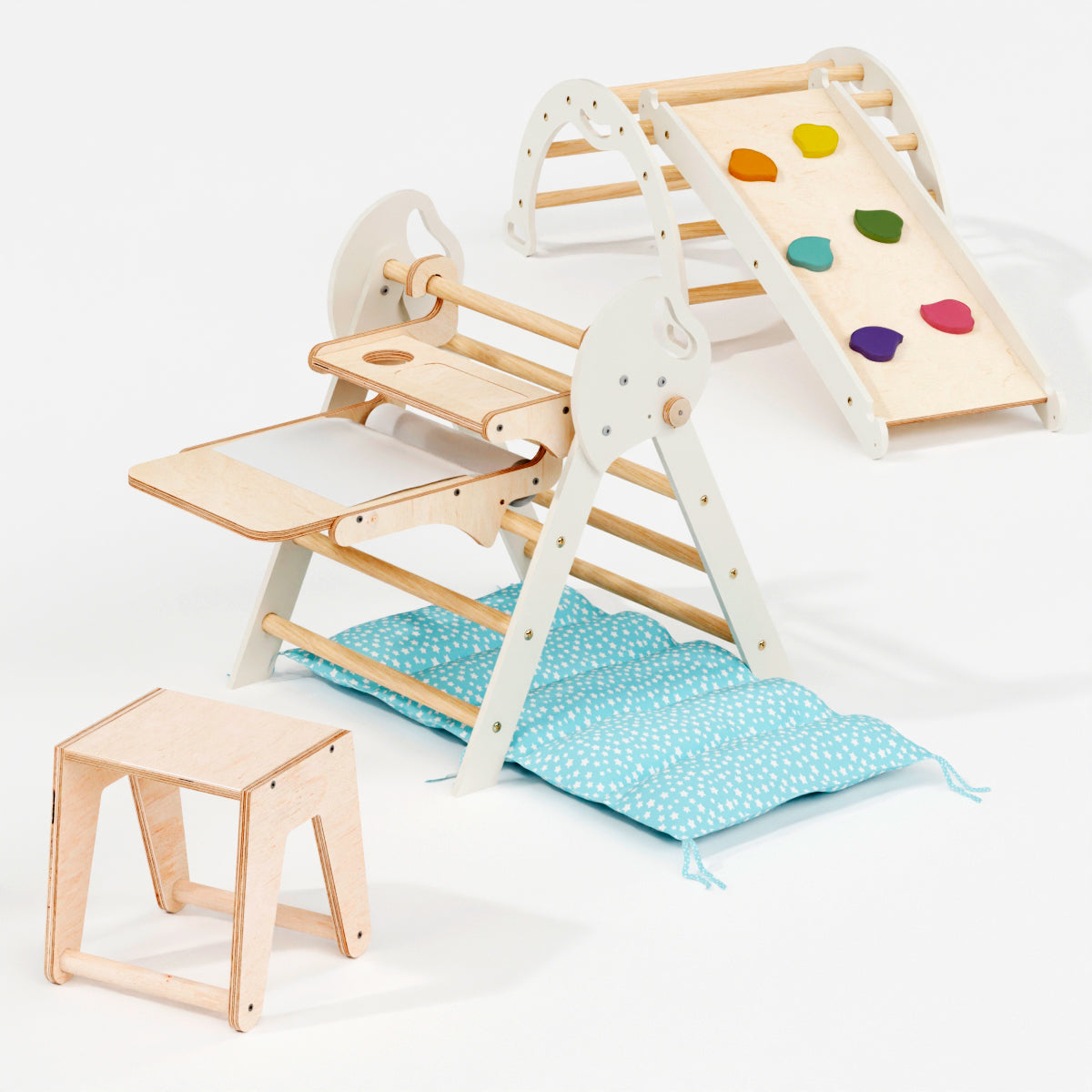 5in1 Montessori Climbing Frame: Pikler Triangle + Arch + Slide Board + Art Addition + Cushion for Toddlers (1–3 Years)