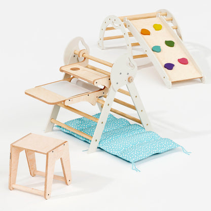 5in1 Montessori Climbing Frame: Pikler Triangle + Arch + Slide Board + Art Addition + Cushion for Toddlers (1–3 Years)