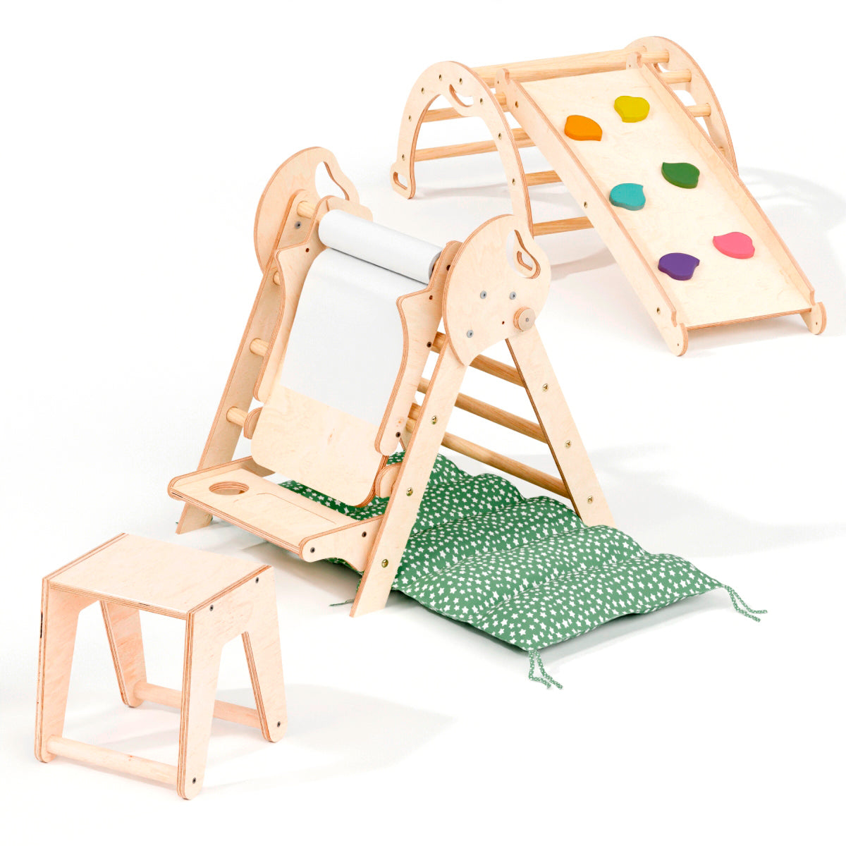 5in1 Montessori Climbing Frame: Pikler Triangle + Arch + Slide Board + Art Addition + Cushion for Toddlers (1–3 Years)