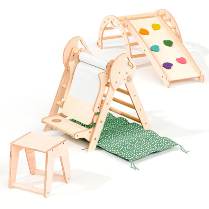 5in1 Montessori Climbing Frame: Pikler Triangle + Arch + Slide Board + Art Addition + Cushion for Toddlers (1–3 Years)