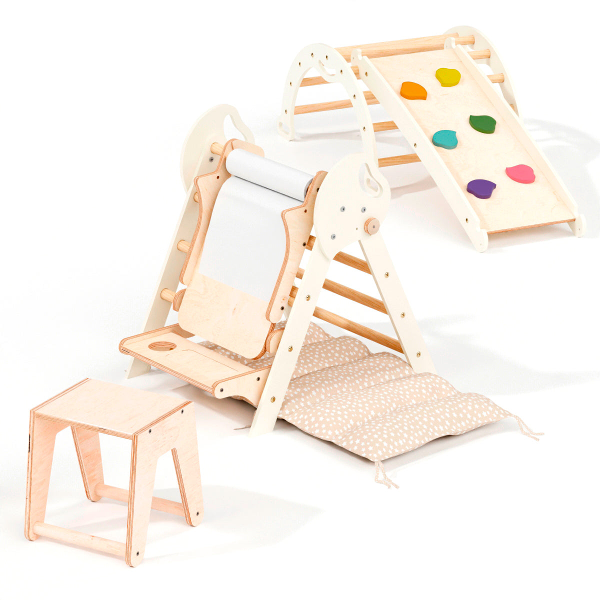 5in1 Montessori Climbing Frame: Pikler Triangle + Arch + Slide Board + Art Addition + Cushion for Toddlers (1–3 Years)