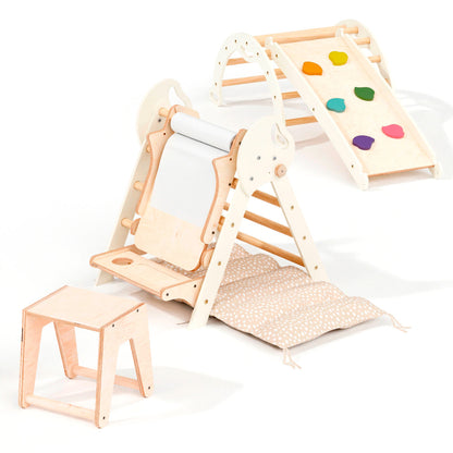 5in1 Montessori Climbing Frame: Pikler Triangle + Arch + Slide Board + Art Addition + Cushion for Toddlers (1–3 Years)