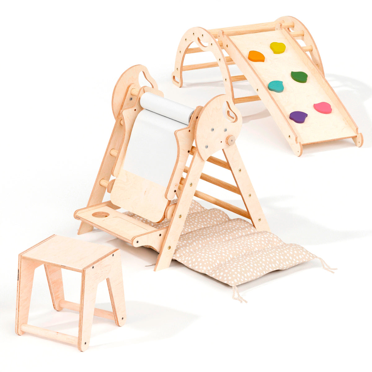 5in1 Montessori Climbing Frame: Pikler Triangle + Arch + Slide Board + Art Addition + Cushion for Toddlers (1–3 Years)