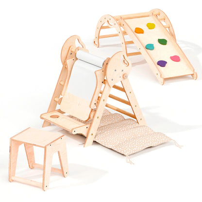 5in1 Montessori Climbing Frame: Pikler Triangle + Arch + Slide Board + Art Addition + Cushion for Toddlers (1–3 Years)
