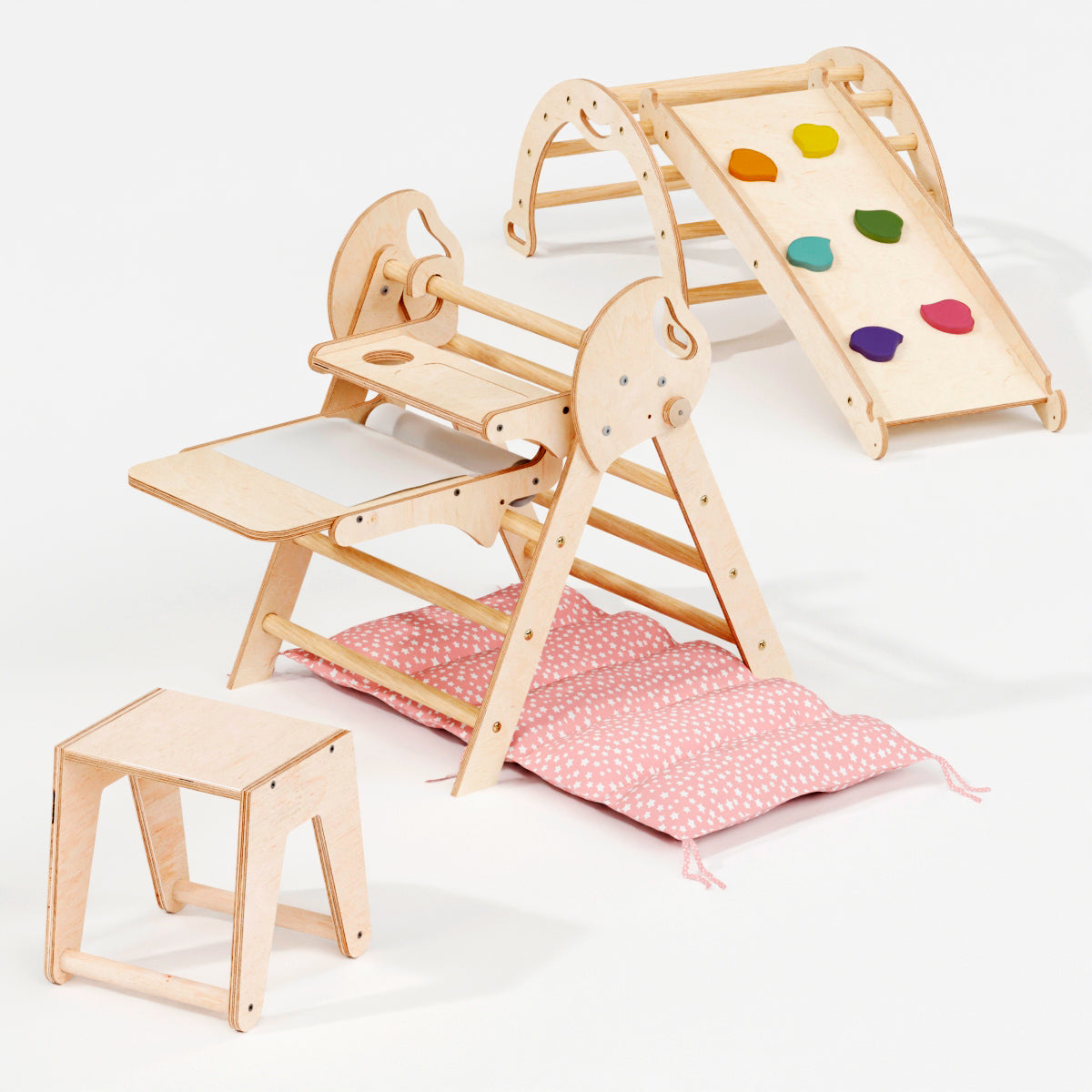 5in1 Montessori Climbing Frame: Pikler Triangle + Arch + Slide Board + Art Addition + Cushion for Toddlers (1–3 Years)