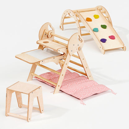 5in1 Montessori Climbing Frame: Pikler Triangle + Arch + Slide Board + Art Addition + Cushion for Toddlers (1–3 Years)