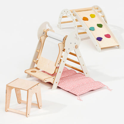 5in1 Montessori Climbing Frame: Pikler Triangle + Arch + Slide Board + Art Addition + Cushion for Toddlers (1–3 Years)