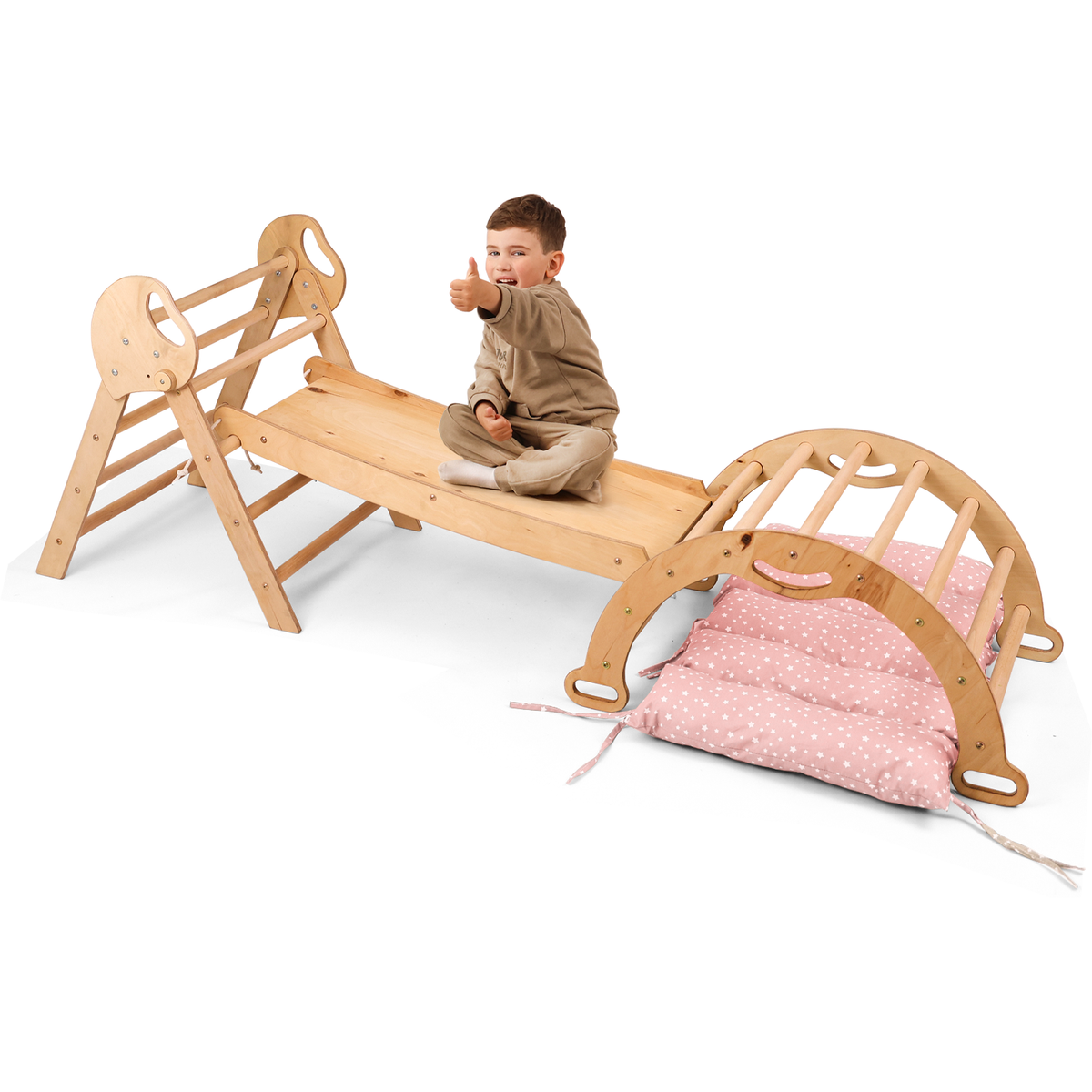 4in1 Montessori Climbing Frame: Pikler Triangle + Arch + Slide Board + Cushion for Toddlers (1–3 Years)