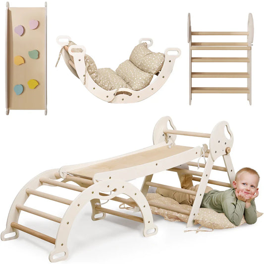 4in1 Montessori Climbing Frame: Pikler Triangle + Arch + Slide Board + Cushion for Toddlers (1–3 Years) - Ivory