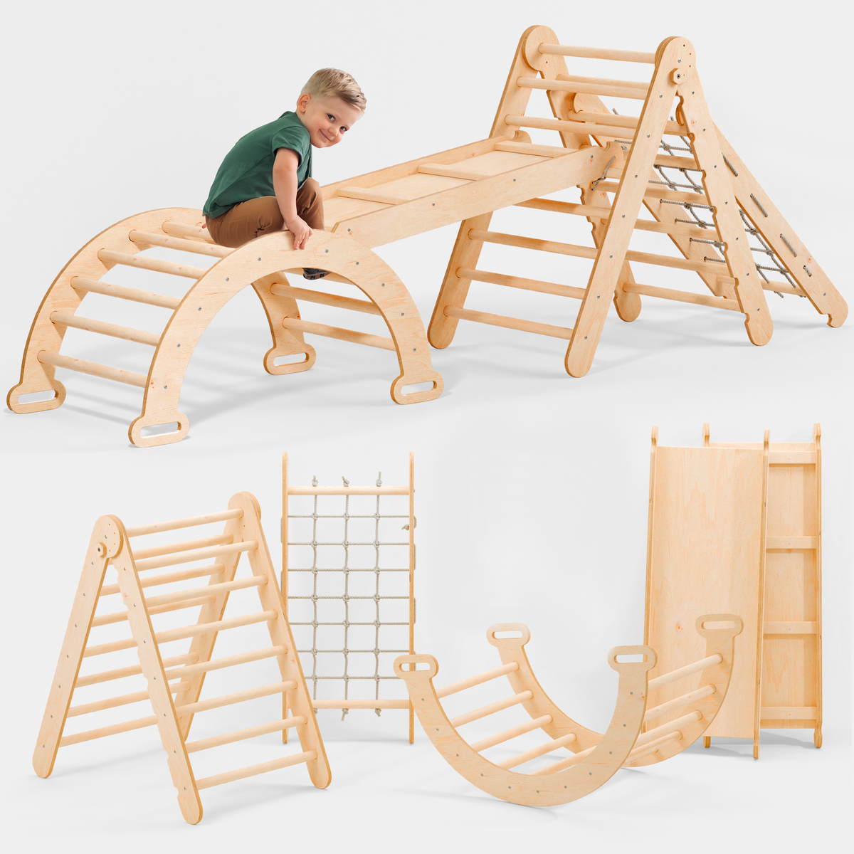 4in1 Montessori Climbing Frame: Pikler Triangle + Climbing Arch + Slide Board + Net – Beige