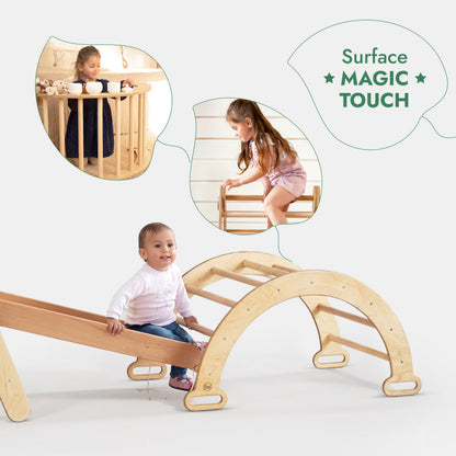 4in1 Montessori Climbing Frame: Pikler Triangle + Climbing Arch + Slide Board + Net – Beige