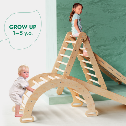 4in1 Montessori Climbing Frame: Pikler Triangle + Climbing Arch + Slide Board + Net – Beige