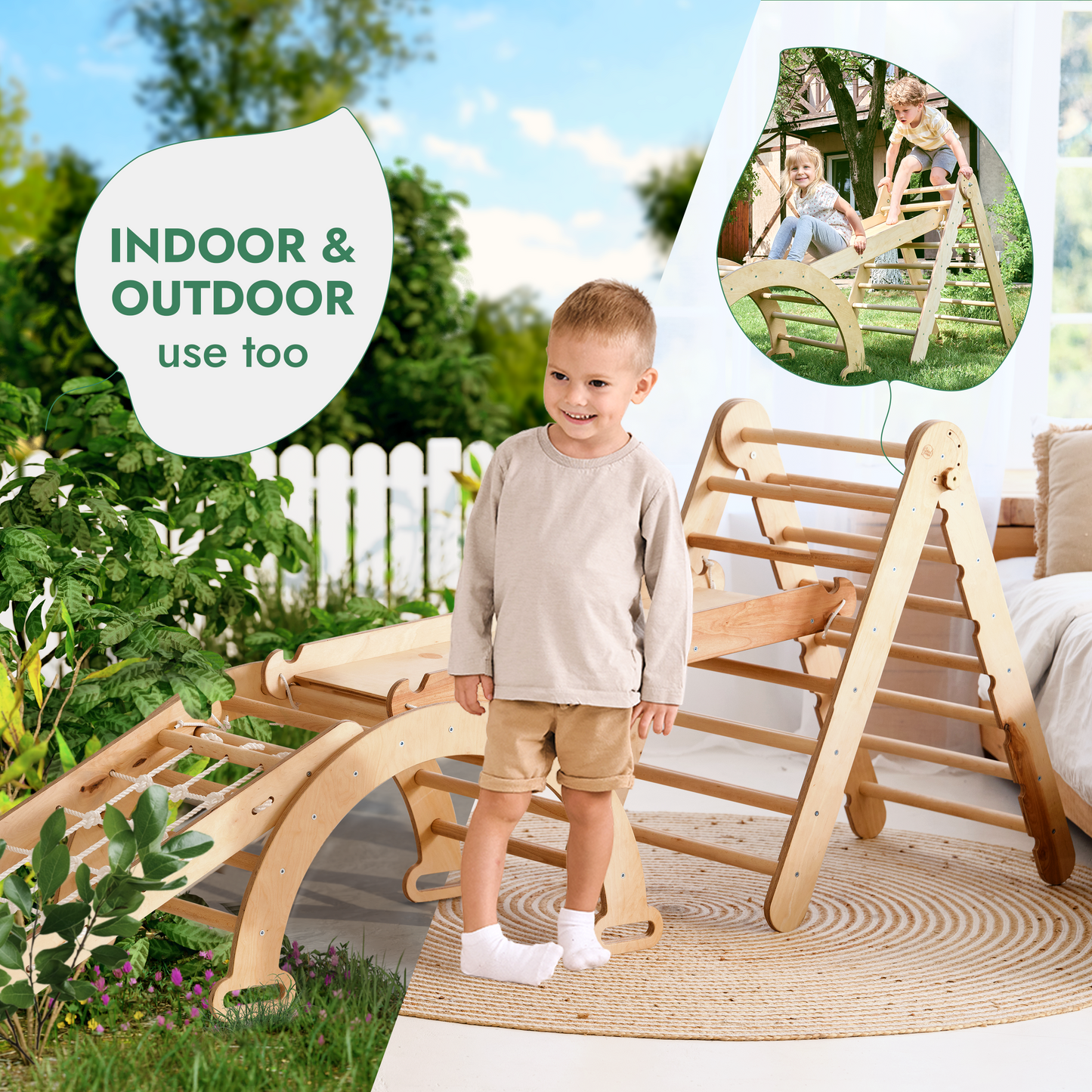 4in1 Montessori Climbing Frame: Pikler Triangle + Climbing Arch + Slide Board + Net – Beige