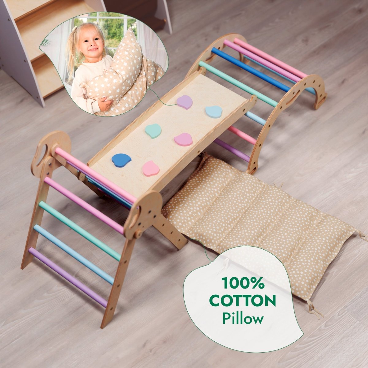 4in1 Montessori Climbing Set: Pikler Triangle, Arch, Slide Board, and Cushion for Toddlers (1–3 Years) - Pastel