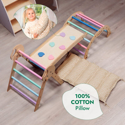 4in1 Montessori Climbing Set: Pikler Triangle, Arch, Slide Board, and Cushion for Toddlers (1–3 Years) - Pastel
