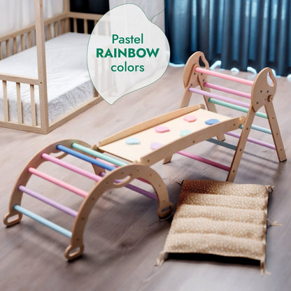 4in1 Montessori Climbing Set: Pikler Triangle, Arch, Slide Board, and Cushion for Toddlers (1–3 Years) - Pastel