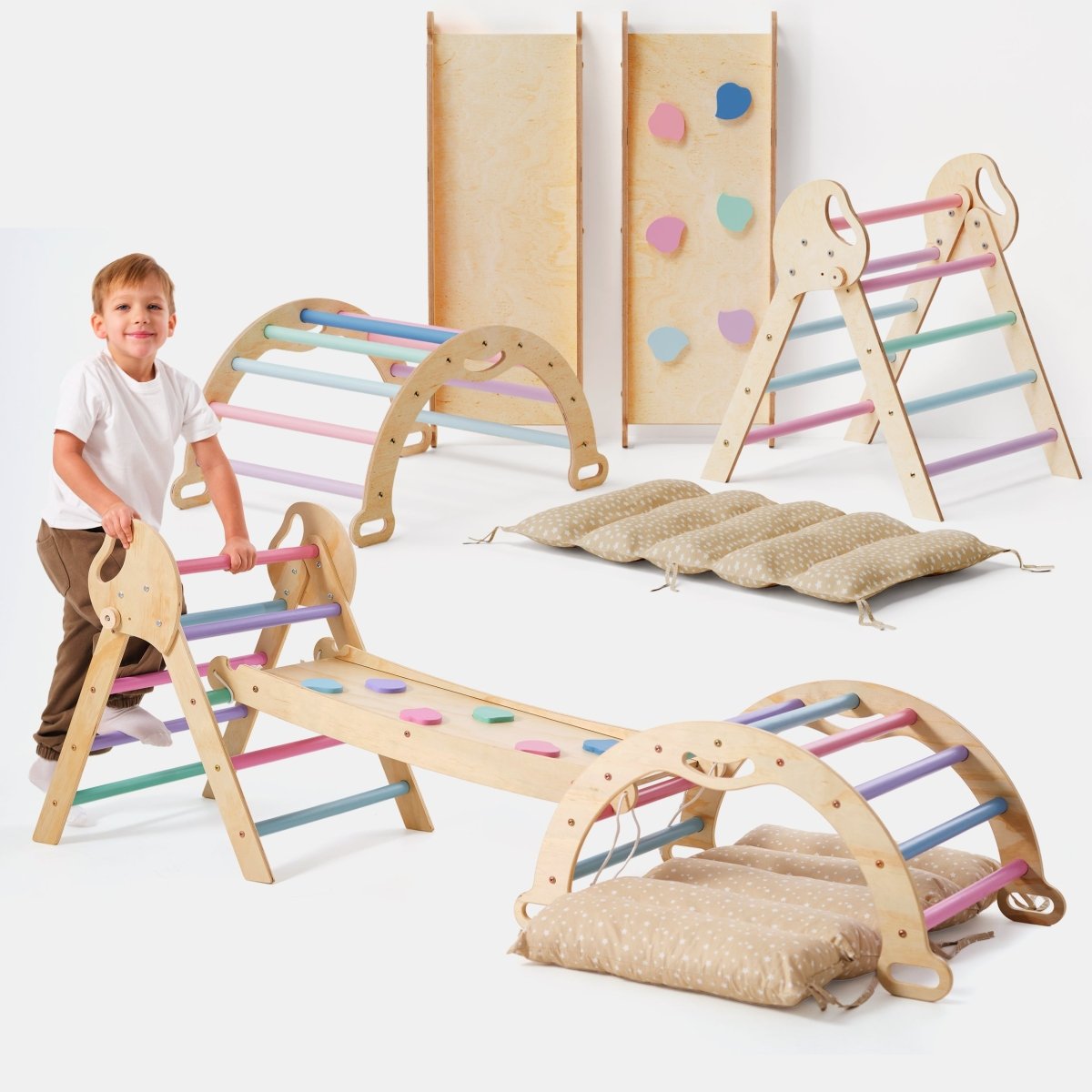 4in1 Montessori Climbing Set: Pikler Triangle, Arch, Slide Board, and Cushion for Toddlers (1–3 Years) - Pastel