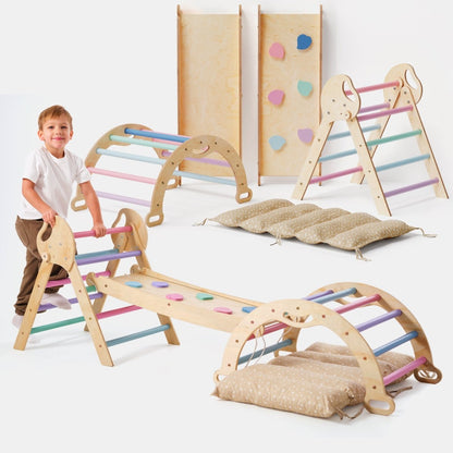4in1 Montessori Climbing Set: Pikler Triangle, Arch, Slide Board, and Cushion for Toddlers (1–3 Years) - Pastel
