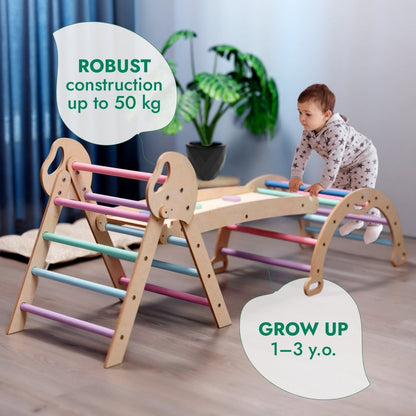4in1 Montessori Climbing Set: Pikler Triangle, Arch, Slide Board, and Cushion for Toddlers (1–3 Years) - Pastel