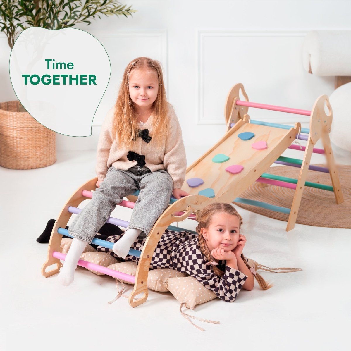 4in1 Montessori Climbing Set: Pikler Triangle, Arch, Slide Board, and Cushion for Toddlers (1–3 Years) - Pastel