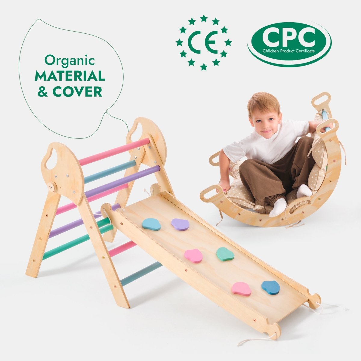 4in1 Montessori Climbing Set: Pikler Triangle, Arch, Slide Board, and Cushion for Toddlers (1–3 Years) - Pastel