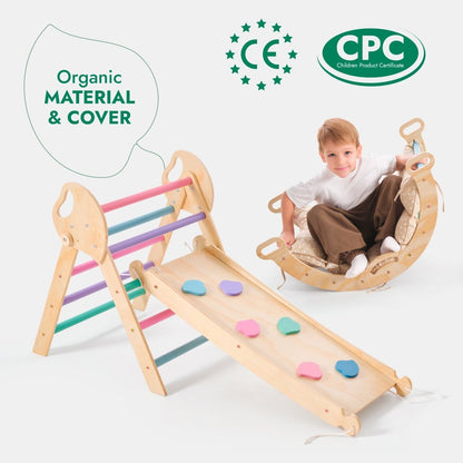 4in1 Montessori Climbing Set: Pikler Triangle, Arch, Slide Board, and Cushion for Toddlers (1–3 Years) - Pastel