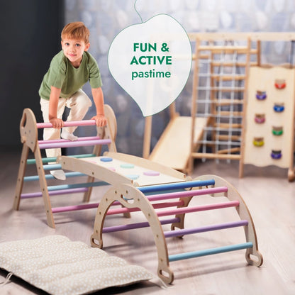 4in1 Montessori Climbing Set: Pikler Triangle, Arch, Slide Board, and Cushion for Toddlers (1–3 Years) - Pastel