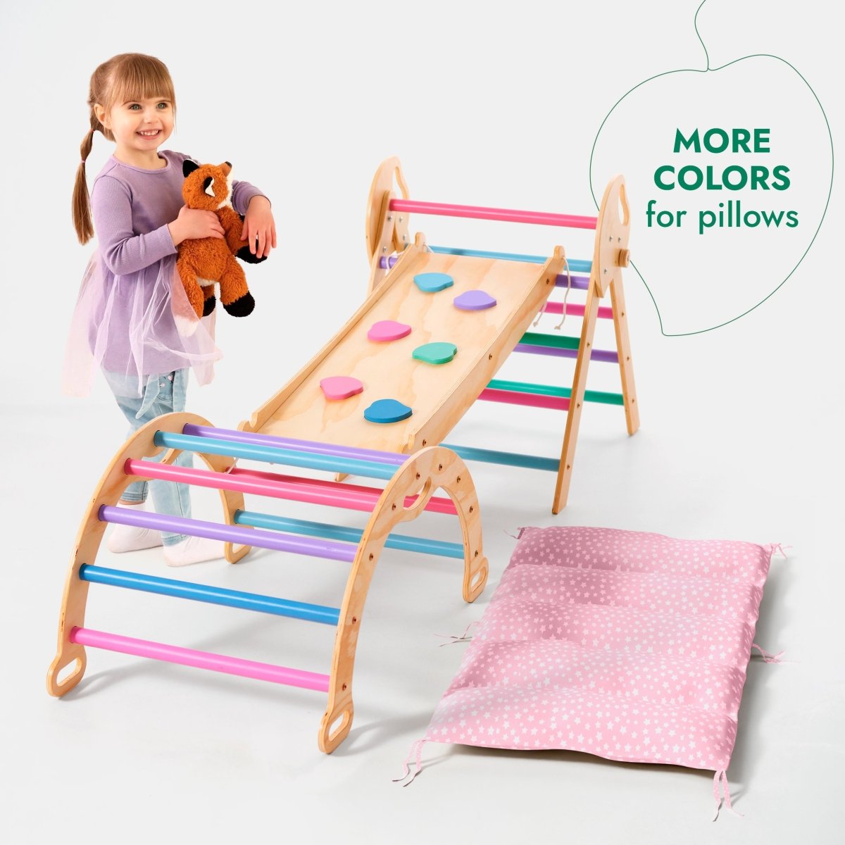 4in1 Montessori Climbing Set: Pikler Triangle, Arch, Slide Board, and Cushion for Toddlers (1–3 Years) - Pastel