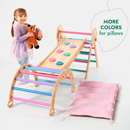 4in1 Montessori Climbing Set: Pikler Triangle, Arch, Slide Board, and Cushion for Toddlers (1–3 Years) - Pastel