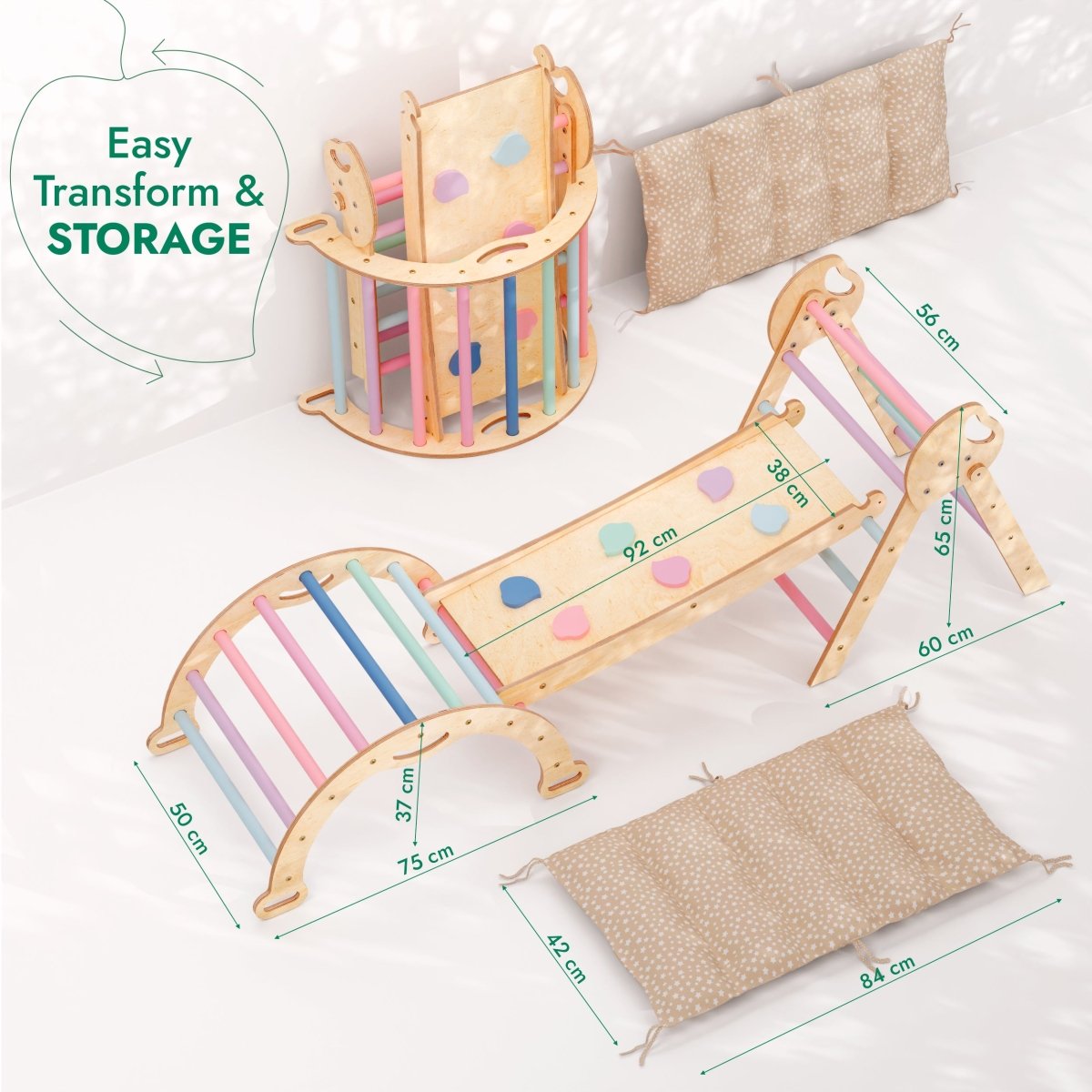 4in1 Montessori Climbing Set: Pikler Triangle, Arch, Slide Board, and Cushion for Toddlers (1–3 Years) - Pastel