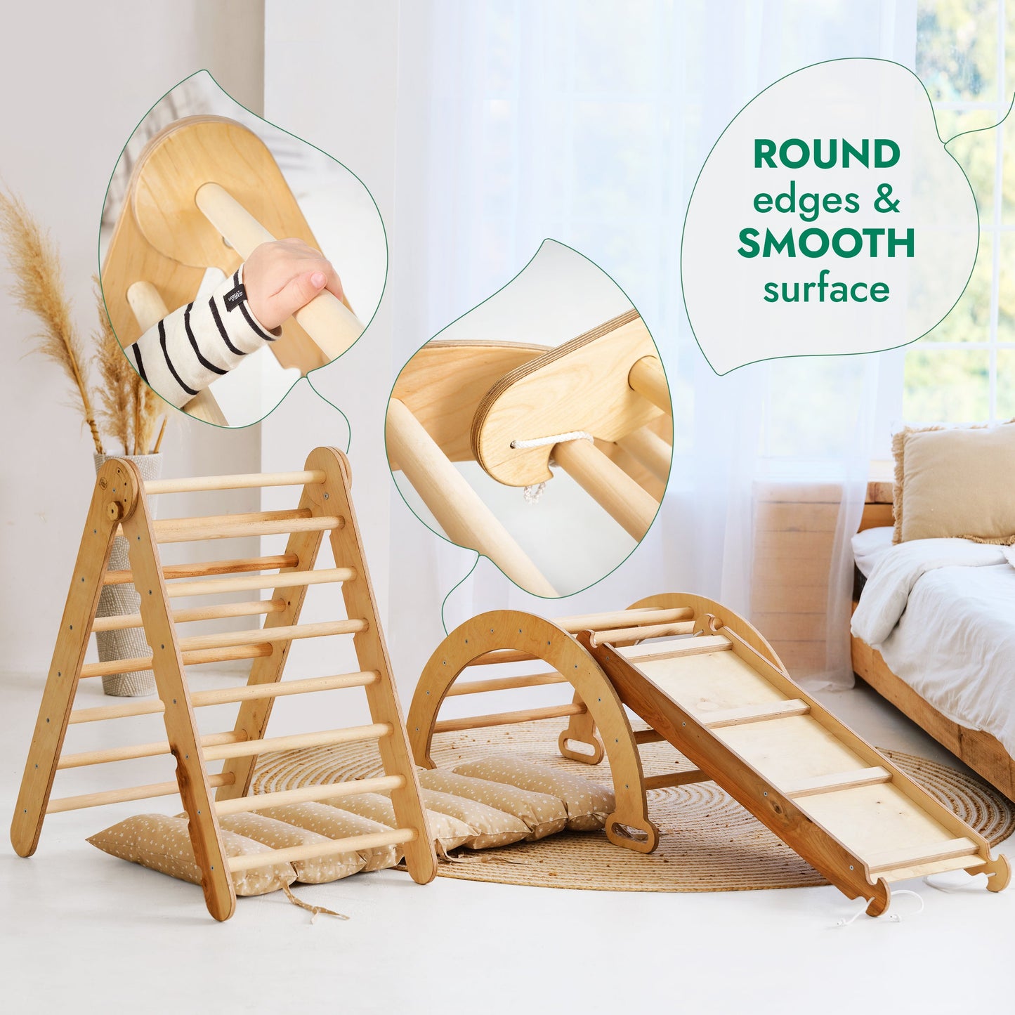 4in1 Montessori Climbing Frame Set: Triangle Ladder + Climbing Arch + Slide Board + Cushion Beige
