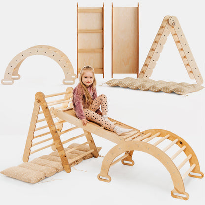 4in1 Montessori Climbing Frame Set: Triangle Ladder + Climbing Arch + Slide Board + Cushion Beige