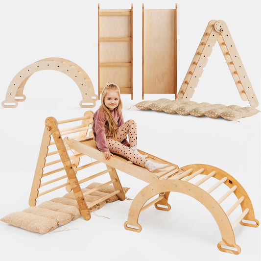 4in1 Montessori Climbing Frame Set: Triangle Ladder + Climbing Arch + Slide Board + Cushion Beige