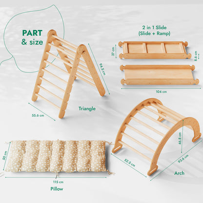 4in1 Montessori Climbing Frame Set: Triangle Ladder + Climbing Arch + Slide Board + Cushion Beige