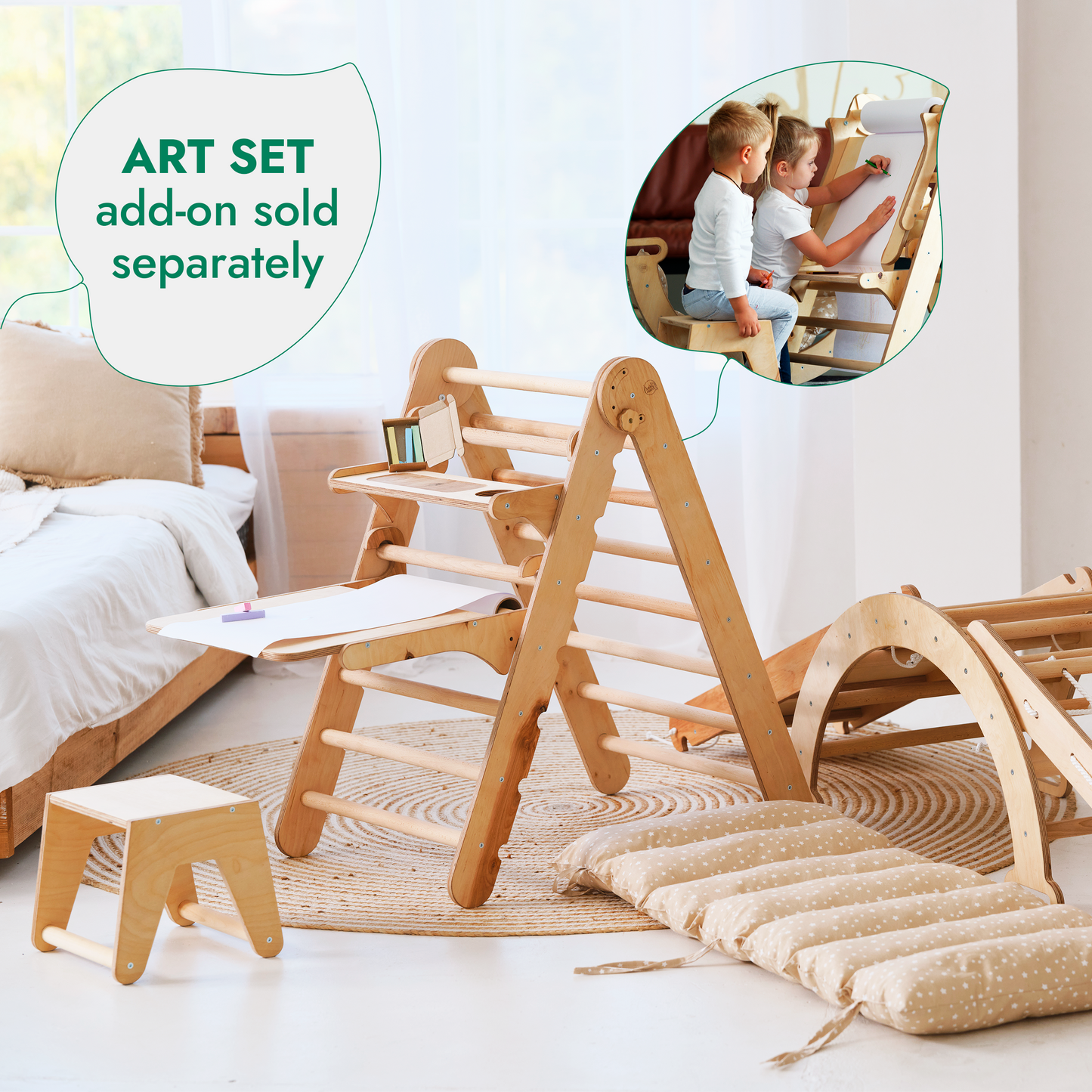 4in1 Montessori Climbing Frame: Pikler Triangle + Climbing Arch + Slide Board + Net – Beige