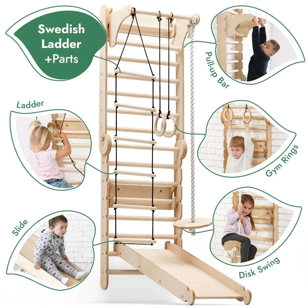 6-in-1 Swedish Ladder for Kids – Converts into Pikler Triangle + Slide + Swing