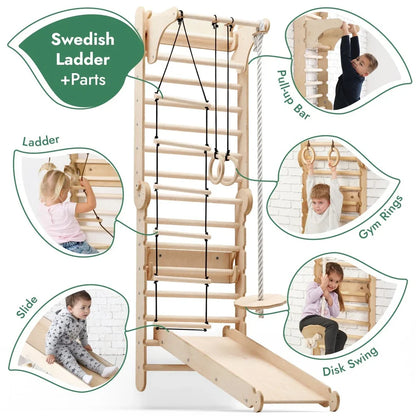 6-in-1 Swedish Ladder for Kids – Converts into Pikler Triangle + Slide + Swing
