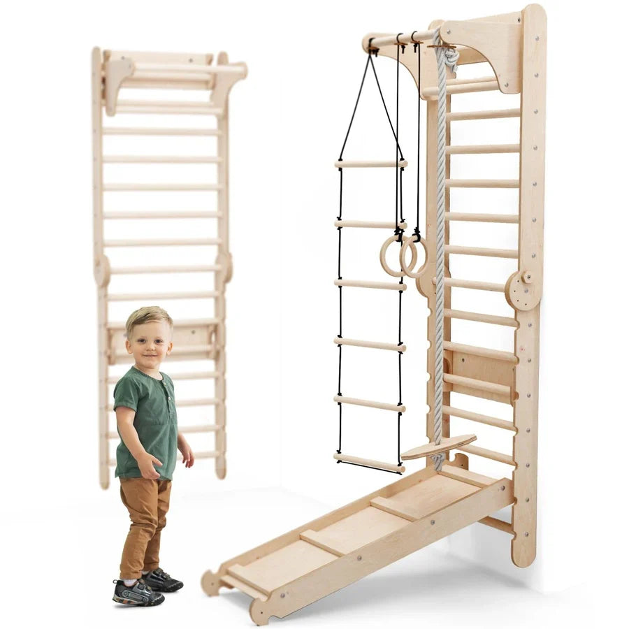 6-in-1 Swedish Ladder for Kids – Converts into Pikler Triangle + Slide + Swing