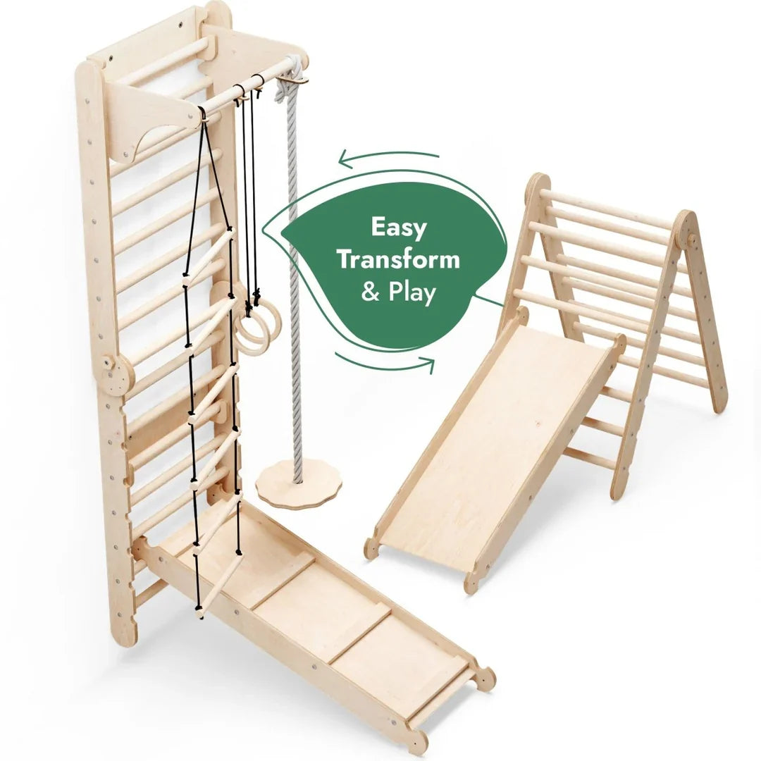 6-in-1 Swedish Ladder for Kids – Converts into Pikler Triangle + Slide + Swing