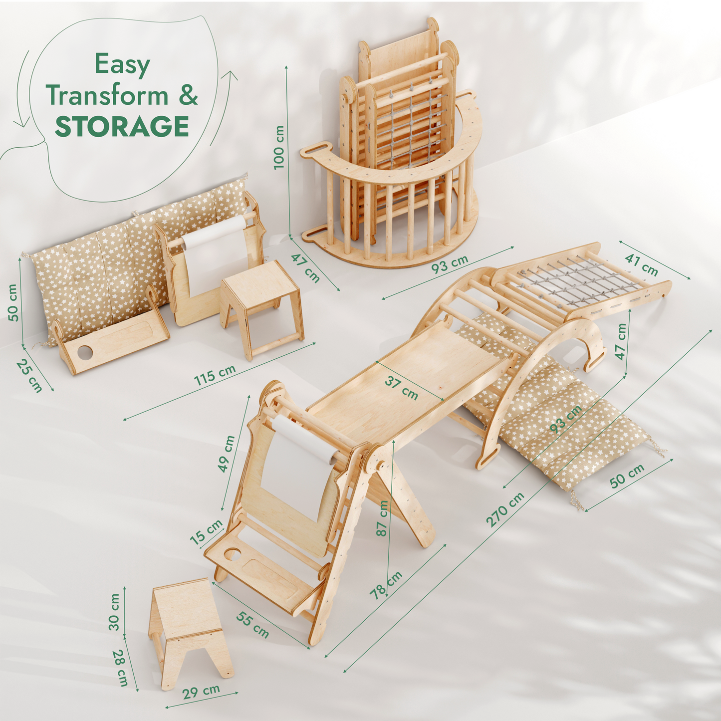 6in1 Montessori Climbing Frame: Pikler Triangle + Climbing Arch + Slide Board + Net + Cushion + Art Addition