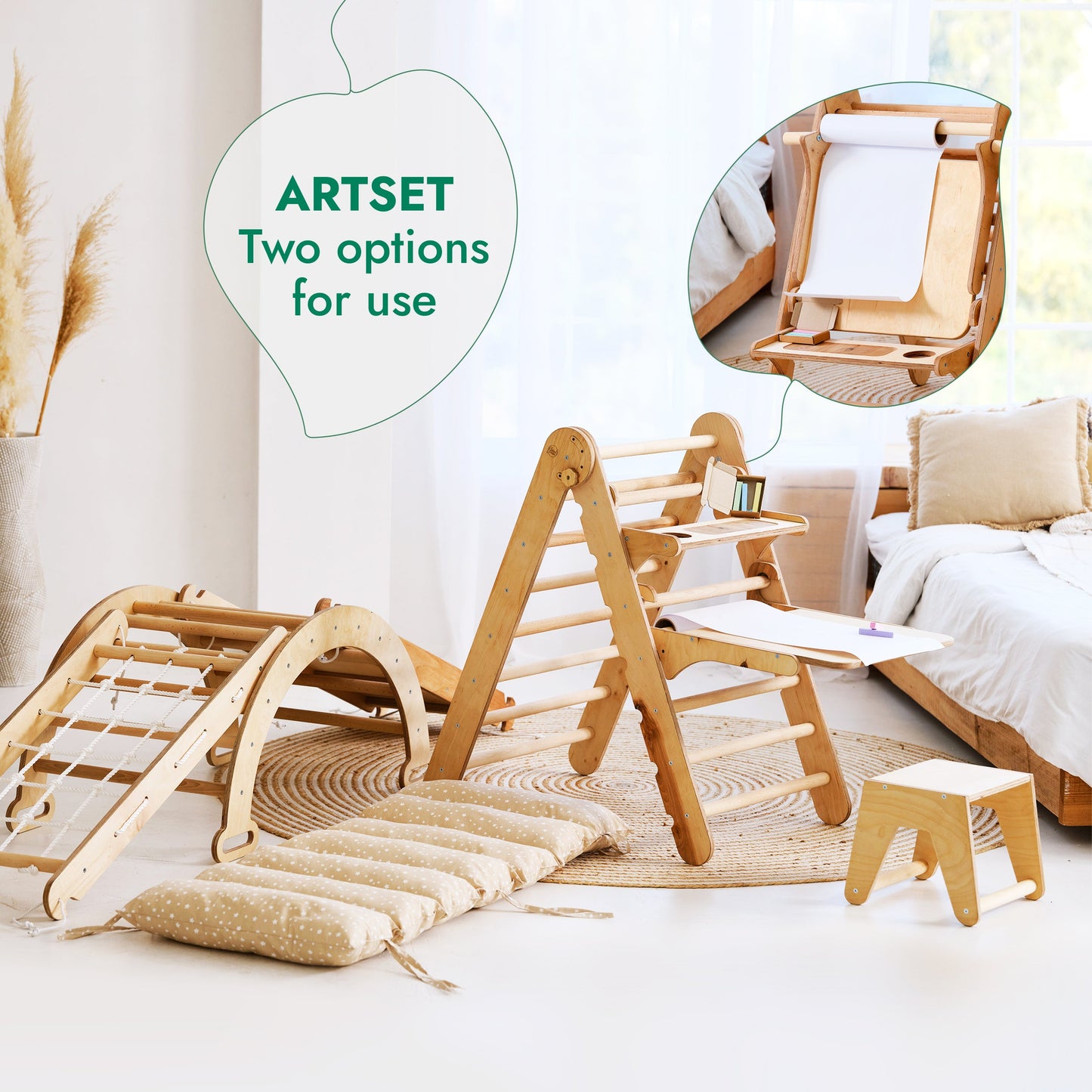 6in1 Montessori Climbing Frame: Pikler Triangle + Climbing Arch + Slide Board + Net + Cushion + Art Addition