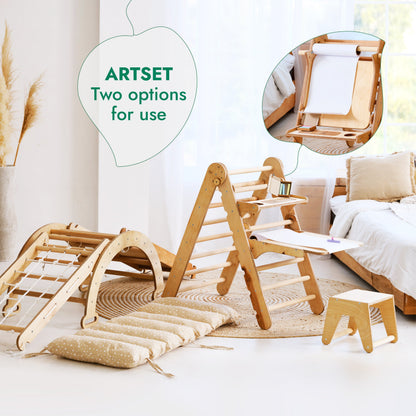 6in1 Montessori Climbing Frame: Pikler Triangle + Climbing Arch + Slide Board + Net + Cushion + Art Addition
