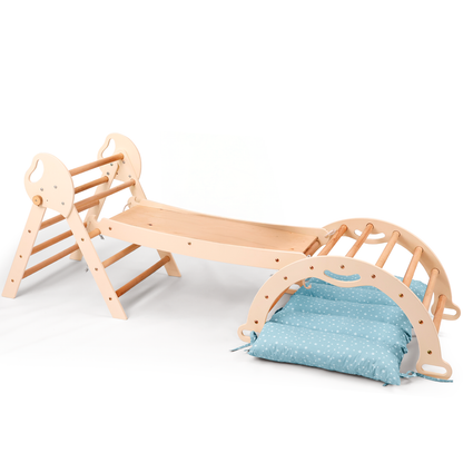 4in1 Montessori Climbing Frame: Pikler Triangle + Arch + Slide Board + Cushion for Toddlers (1–3 Years) - Ivory