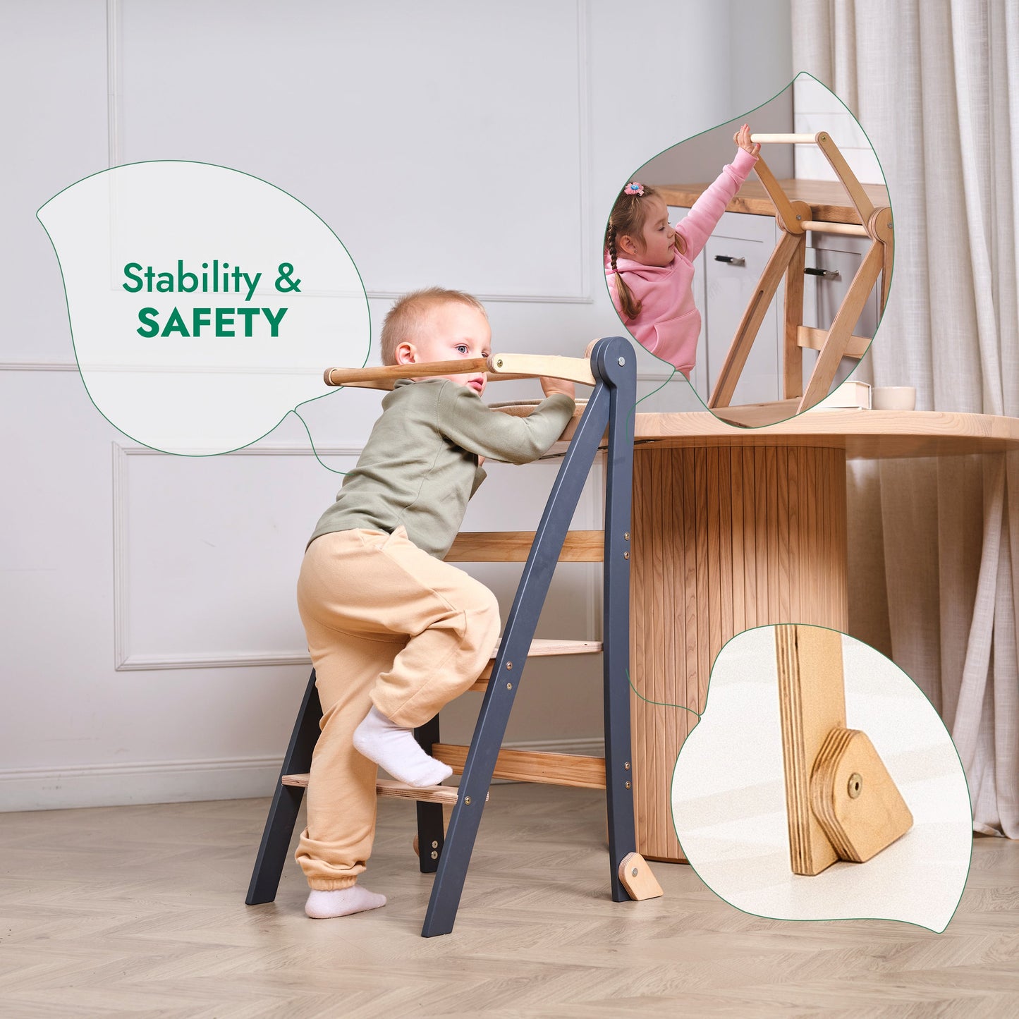 Folding Helping Stool – Montessori Growing Chair with Safety Rails for Toddlers – Grey
