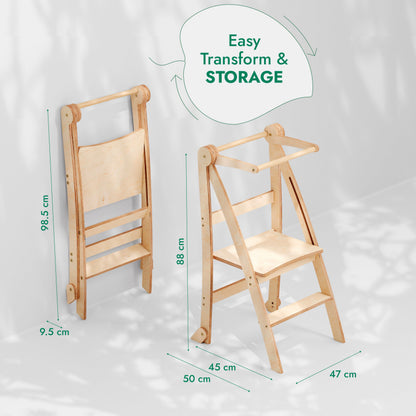 Folding Growing Chair– Montessori Step Stool with Safety Rails for Toddlers – White